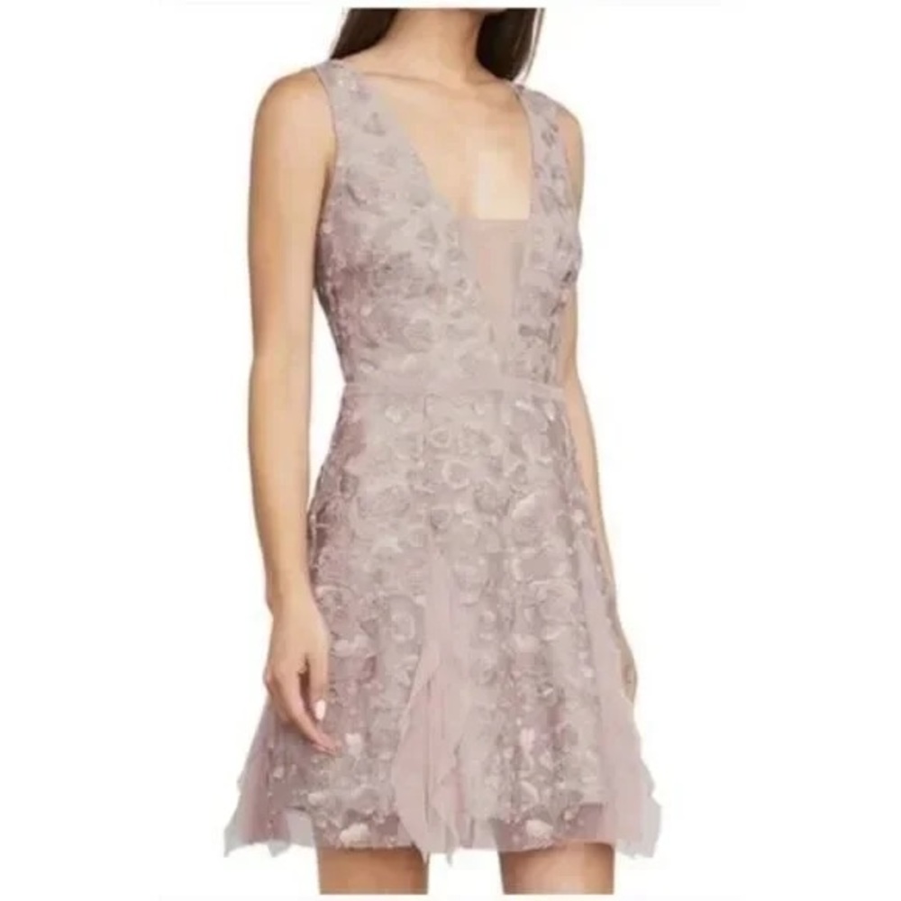 BCBGMaxazria Pink Phoebe Floral Embroider Lace Overlay Cocktail Mesh Mini Dress